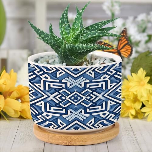 Lacefield Print Geometric Blue Ceramic Planters Chinoiserie Grandmillenial Trail Planters for Outdoor Plants with Drainage Holes and Saucers Pot for Home Office Desk Garden - Image 6