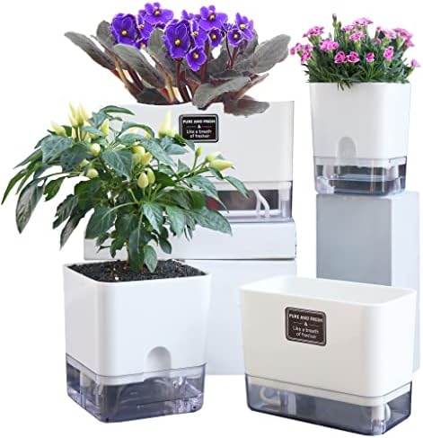 FAMZ Self Watering Pots for Indoor Plants 4 Pack White Self Watering Planters with Water Reservoir and Cotton Wick System, Bottom Watering Plant Pots for African Violet Herbs Small Indoor Plants by FAMZ