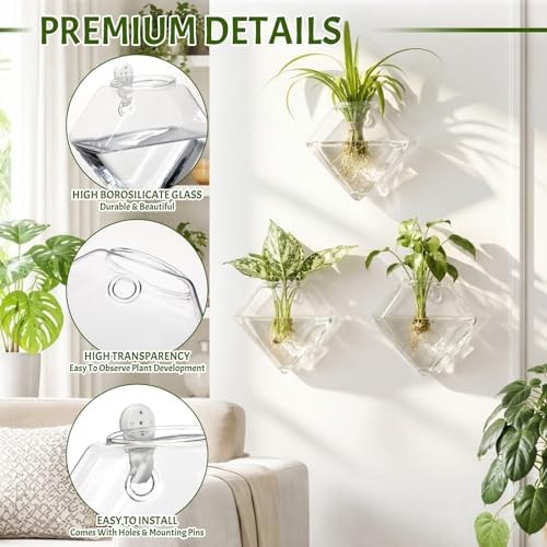 Yungyan 6 Pack Wall Mounted Glass Planter Borosilicate Glass Diamond Hanging Vase with Hidden Invisible Hook Hydroponic Plant Propagation Station Clear Wall Planter for Home Bathroom Office Decor - Image 3