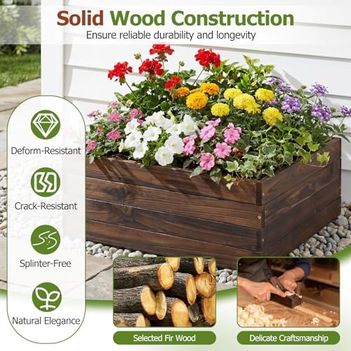 GIANTEX Wooden Raised Garden Bed Set 2, 23" x 23" Square Fir Wood Planter Box with Open-Ended Base for Vegetables Flowers Herb, Indoor Outdoor Elevated Planter Container for Patio Yard Garden Balcony - Image 3
