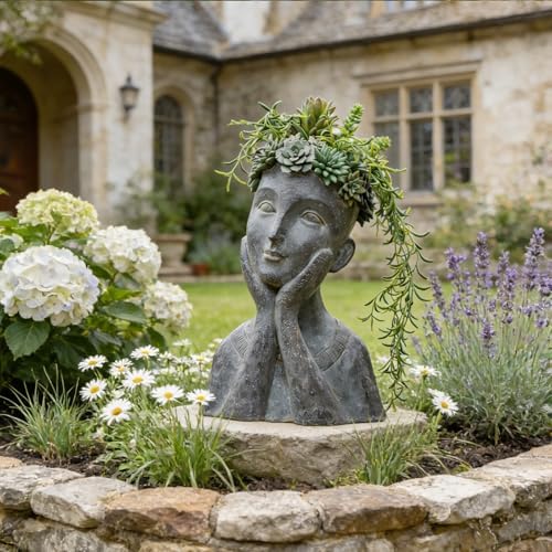 Newman House Studio Face Cactus Succulents Planter Pot - Indoor Outdoor Planter with Drainage Hole Garden Statues Cute Plants Pot Flower Pot Farmhouse Decor 11 * 8.5 * 16.5 inch - Image 4