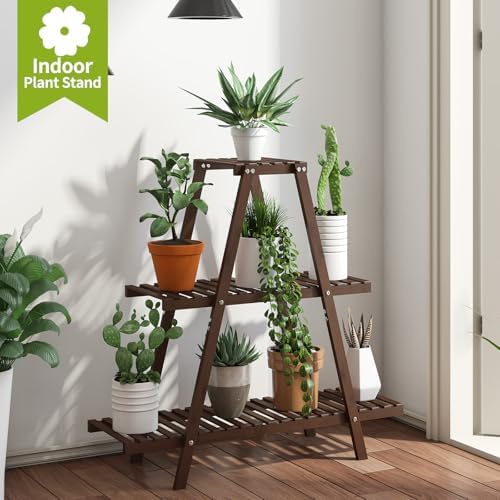 BMOSU Plant Stand Bamboo for Indoor Outdoor Tiered Plant Shelf 8 Potted Flower Holder Ladder Rack Garden Balcony Living Room Patio(3 Tier Brown) - Image 2