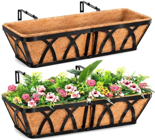 LCHUANG Deck Railing Planter Window Box - 2 Pack 24 Inch Deck Balcony Rail Planter with Coconut Coir Liner, Fence Metal Hanging Flower Planter Basket Deck Railing Planter Boxes for Outdoor Lawn by LCHUANG