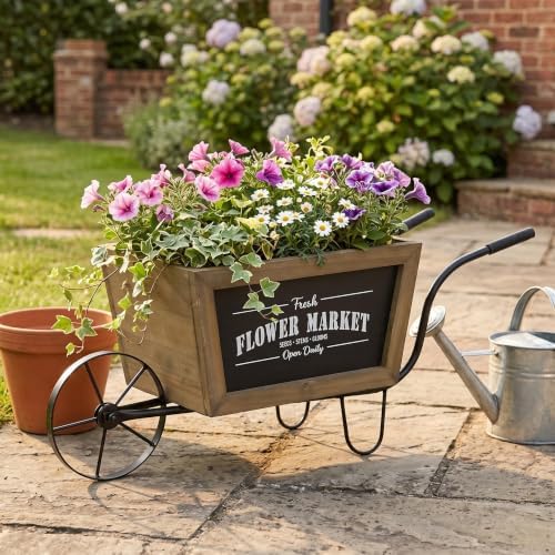 Wheelbarrow Planter with Iron Frame, 19.5 Inch, Brown and Black - Image 6
