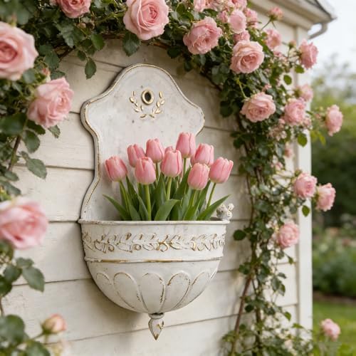 Vintage Distressed White Metal Wall Planter, Rustic Hanging Pocket Planter with Scrollwork & Scalloped Design, Farmhouse Wall Decor for Indoor & Covered Outdoor Garden, Porch & Entryway (White Gold) - Image 5