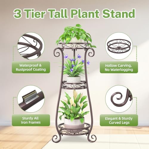 iDavosic.ly 3 Tier Tall Metal Plant Stand Outdoor Indoor, 34 Inch, Bronze - Image 3