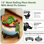 2 Packs 12" Large Metal Plant Caddy with 3 PU Metal Wheels Heavy-duty Wheeled Rolling Plant Stands with Casters Indoor Outdoor Flower Pot Roller Base Planter Dolly Coaster Movers Black, Strong Load Capacity - Image 2