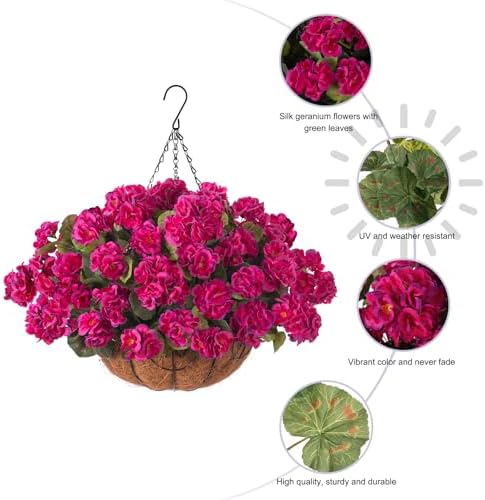 INSPRING Geraniums Artificial Flowers Hanging Basket for Outdoors Outside Decoration, 8 Bundles Silk Flowers Fake Plants Look Real UV Resistant for Porch Home Patio Balcony Yard, Fuchsia - Image 7