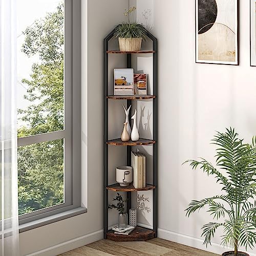Fun Memories 5 Tier Corner Shelf, 70” Corner Shelf Stand, Corner Bookshelf Plant Stand, Storage Shelf for Bathroom, Living Room, Kitchen,Home Office, Brown by FunMemories