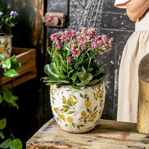 Ceramic Plant Pots for Indoor Plants, Yellow Vintage Planters for Succulents,Handmade Tuscan Flower Pots for Outdoor with Drainage Hole,Yellowl,with Hole - Image 2