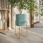 EverNest Mid-Century Modern Rhys Honeycomb Embossed Planter Pot with Ambrose Stand, Metal Indoor Plant Pots, Blue Green Bohemian Style (Small 1 Gallon) - Image 5