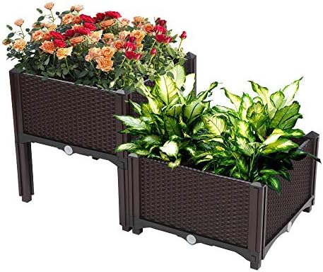 2 Pcs Plastic Elevated Garden Planters Box,Indoor/Outdoor Flower Pot,Large Planting Planter Boxes,Vertical Flower Pot Stand,with Drainage Plug,for Patio Porch Lawn Yard (Brown) by Unknown