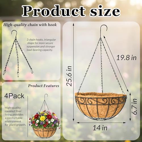 4 Pack 14 Inch Metal Hanging Planter Basket，Natural Round Coconut Hanging Plant Flower Pot，Coconut Coir Planter for Hanging Basket Flowers/Vegetables Home Garden Patio Decoration Flower - Image 6