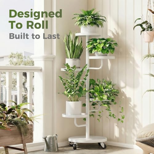 Bamworld Metal Plant Stands with Wheels Tall Plant Stand Indoor White - Image 3