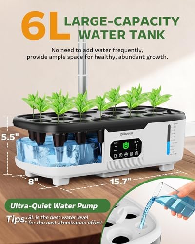 Misting Hydroponic Growing System Kit 15-Pods Indoor Smart Herb Garden Planter with LCD Touch Panel 6L Large Tank for Herb/Vegetables/Flowers/Fruits, Gardening Gifts for Women Men Beginners - White - Image 6