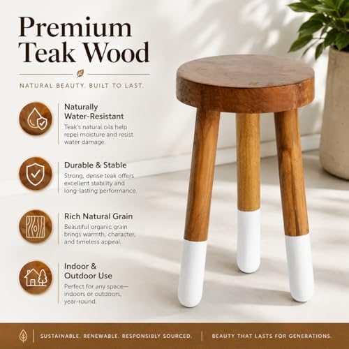 Teak 11.8" Round Dip Dyed Teak Stool | Wood Accent Side Table | Wood Plant Stand (20" Tall White) - Image 4