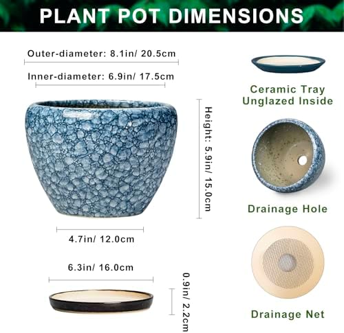 Ceramic Planter Pots - 8 Inch Planters for Indoor Outdoor Plants, Modern Flower Pot with Drainage Hole and Saucer, Round Ceramic Planter, Bookshelf Decor, Gifts for Gardeners, Stone Blue - Image 2