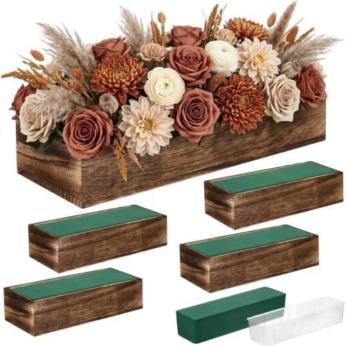 Dandat 5 Set Wood Rectangle Boxes 12x4 Inch Rustic Planter with Liner by Dandat