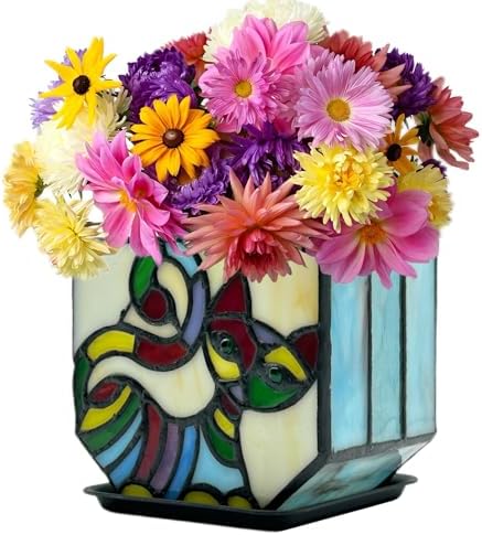 Stained Glass Cat Pot with Drainage,Cute Planters for Indoor Plants,Decorative Flower Pots,Gifts for Plant Lovers,4.6x3x5.15 in by Entlityful