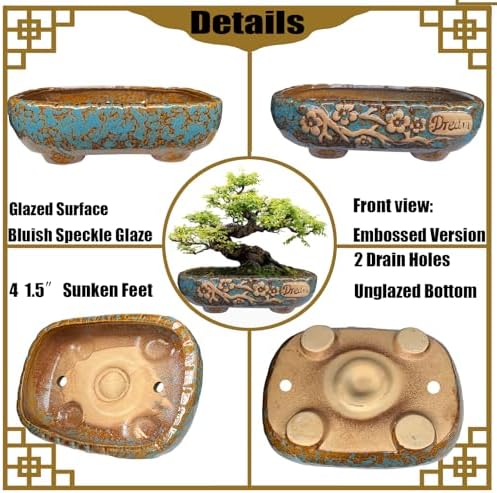 MUZHI 9.5” Rectangular Ceramic Rustic Bonsai Planter Pots with Drip Tray, Glazed Vintage Wide Mouth Shallow Pottery Bonsai Flower Planter Pots with Saucer - Image 3