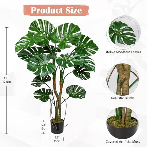 GnFlus Large Artificial Monstera Plant in Pot, 4ft Fake Palm Tropical Split Leaf Tree with UV Protection Faux Monstera Plant for Indoor Outdoor Home Office Garden Decoration, 13 Leaves - Image 2