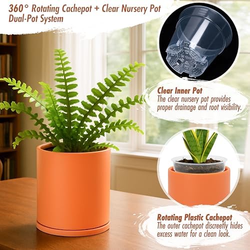 D'vine Dev Double-Layer Self-Draining Planter Set – Rotating Plastic Outer Pot with Clear Inner Liner for Root Health, Perfect for Indoor Plants, 6.5", Set of 2, Pumpkin, 73-V-E-2 - Image 4