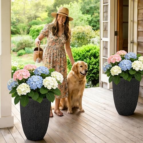 19" Black Concrete-Look Resin Tall Planters with Fluted Texture - Image 5