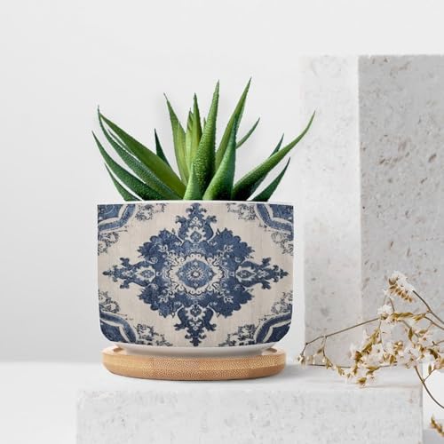 Navy Blue Damask Planter Ceramic Bohemian Diamond Shape Flower Round Flower Pot with Drainage Holes and Bamboo Tray Pot for Home Office Desk Garden - Image 7