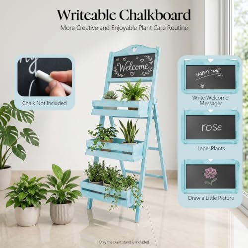 Folding Plant Stand, 3-Tier Ladder Flower Rack Solid Wood Foldable Plant Shelf Indoor Outdoor Flower Pot Display Rack with Chalkboard, Freestanding Tiered Plant Rack for Garden Patio Balcony (Blue) - Image 5