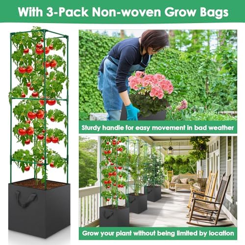 3 Pack Tomato Cages for Garden, Square Tomato Trellis with Grow Bags, 49 IN Tall Heavy Duty Tomato Plant Stakes Support Cages Trellis for Raised Beds Pots Garden Climbing Vegetables Flowers Fruits - Image 5