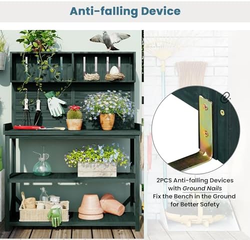 Solid Fir Wood Potting Bench - Outdoor Garden Workstation with 4-Tier Shelves, Side Hooks & Anti-Tipping Safety Device (Forest Green, Standard) - Image 3