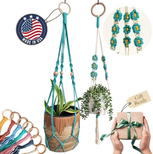 Set of 2 Macrame plant hanger with Daisies & Beads | Hanging plant holder Macrame Plant hangers outdoor and indoor hanging planters Plant stand indoor Boho Decor hanging planter stand (Ocean Teal) by HandmadeByUruba