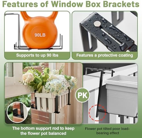 Cozcty 4 Pack Window Box Brackets, No Drill Adjustable Planter Box Brackets - Image 4