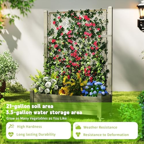 PatioZen Raised Garden Bed with Trellis, 21 Gallon Self Watering Planter Box with Lockable Wheels & Drainage Holes for Climbing Plants Vegetables Flowers, Anti-Rust Resin for Backyard Patio (Grey) - Image 6
