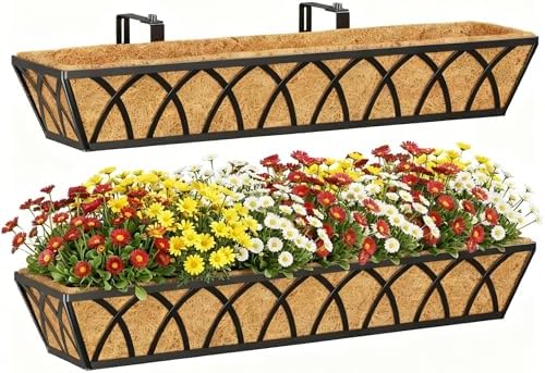 Y&M 2 Pack Hanging Railing Planter Boxes, 30 Inch Adjustable Balcony & Deck Planter, Heavy Duty Metal Flower Box for Porch, Fence & Window, Outdoor Plant Holder by YM