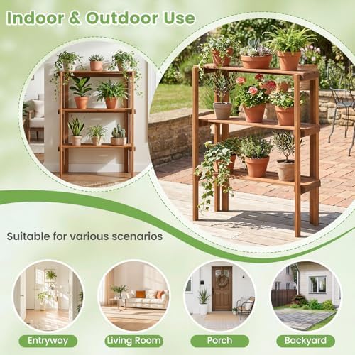 Giantex Foldable Plant Shelf, 3-Tier Solid Wood Indoor Outdoor Flower Pot Display Rack, Corner Storage Bookshelf, Freestanding Tiered Plant Stand for Garden Patio Balcony, No Assembly - Image 6
