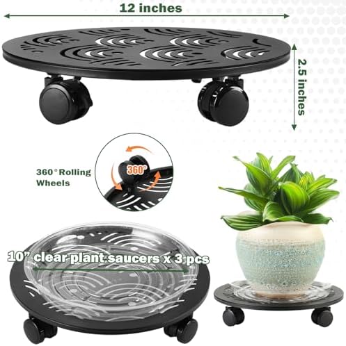 3 Packs 12" Large Metal Plant Caddy with Wheels Heavy-duty Plant Dolly Pot Mover Rollers Rolling Plant Stands Indoor Outdoor Wheeled Plant Holder Coaster Trolley, Black - Image 3
