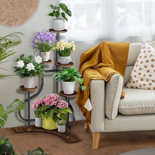 6-Tier Corner Plant Stand, Indoor Plant Stand with L-shaped Base, Aesthetic Metal Plants Shelf for Multiple Plants Flower Pot, MDF Outdoor Plant Holder for Patio Balcony (Rustic Brown) - Image 4
