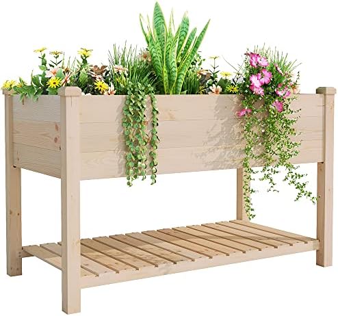 BIRASIL Outdoor Wood Raised Garden Bed, Elevated Reinforced Large Planter Box with Storage Shelf for Vegetable Flower Backyard Patio Gardening Balcony (48”L, Natural Wood) by BIRASIL