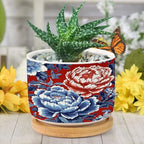 Red and Blue Chinoiserie Floral Planters Ceramic Chinoiserie Chic Asian Round Plant Pot with Drainage Holes and Bamboo Tray Pot for Pots Outdoor Indoor Plants - Image 6
