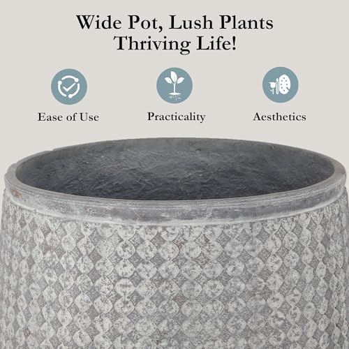 Worth 12" and 14.5" Round Planters, Lightweight Magnesium Oxide Cement Plant Pot, Raised Pattern Concrete Look with Drainage Hole, Grey - Image 3