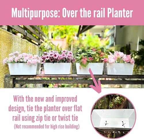 LaLaGreen Hanging Planter Box (14 in, 6 Pack) White Metal Deck Rail Pots - Image 5