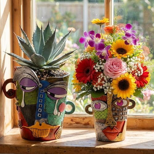 2 Pack Brutalist Abstract Face Planters Pots Head, Unique Abstract Flower Pot, Funny Planters Decoration Resin Face Flower Pot for Indoor and Outdoor Plants, Colorful Funny Room Decor by Ferrochef