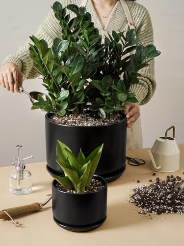 LE TAUCI 10 + 12 Inch Ceramic Plant Pots, Set of 2, Black - Image 7