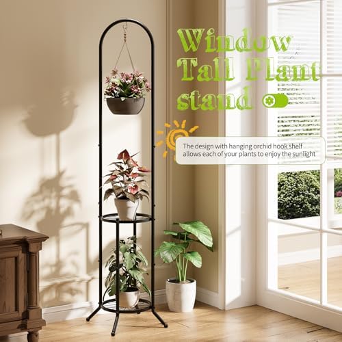 BMOSU Plant Stand with Hooks Indoor Outdoor Corner Tall Plant Stand Heavy-Duty Metal 3-Tier Plant Shelf Holder Rack for Patio Garden Balcony Living Room Bedroom(circular Black) - Image 3