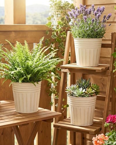 vensovo 6 Inch Beige Metal Rustic Flower Pots - 6Pcs Galvanized Planters with Drainage Hole and Rubber Plug, Rustproof Metal Bucket Plant Pots Farmhouse Vintage Style for Decor - Image 5