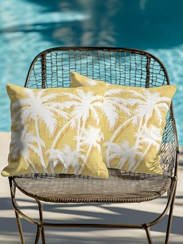 Tropical Palm Tree 18x18 Waterproof Outdoor Throw Pillows Set of 2 with Inserts, Vintage Dark Yellow Botanical Plants Patio Decorative Cushions for Outdoor Sofa Porch Garden Furniture - Image 4