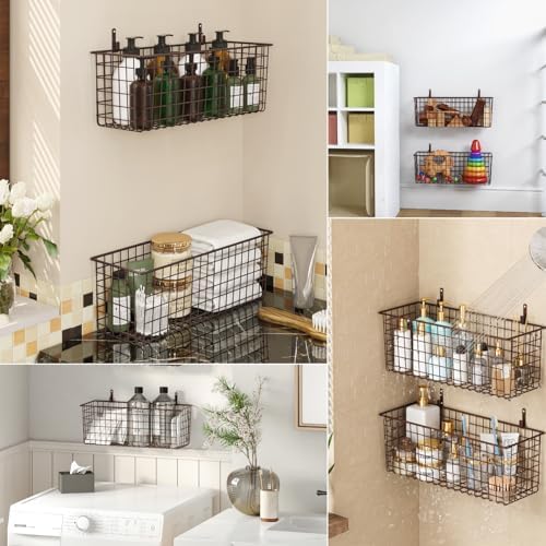 Kinlink 2 Sets Brown Extra Large Hanging Wall Basket with Steel Hooks - Image 7