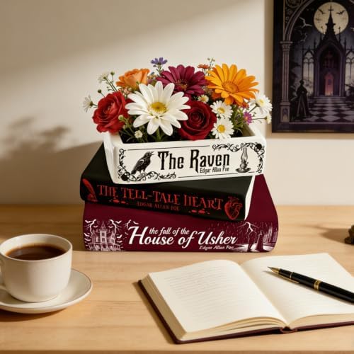Small Book-Shaped Ceramic Planter for Flowers, Gothic Vase for Bookshelf Home Office Decor, Unique Decorative Gifts for Book Lovers, Edgar Allan Poe,The Raven - Image 4