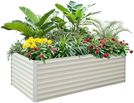 Raised Garden Bed 6x3x2ft, Galvanized Raised Garden Beds Outdoor for Vegetables Flowers Herbs, Steel Large Deep Planter Box, Tall Raised Garden Bed with 3ftx30ft Weed Barrier Fabric and Glove, Beige by BUTUNITA